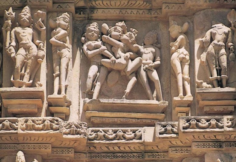Frieze with erotic sculptures in the Ramachandra Temple, Khajuraho. An inscription in the temple is dated 954 AD.